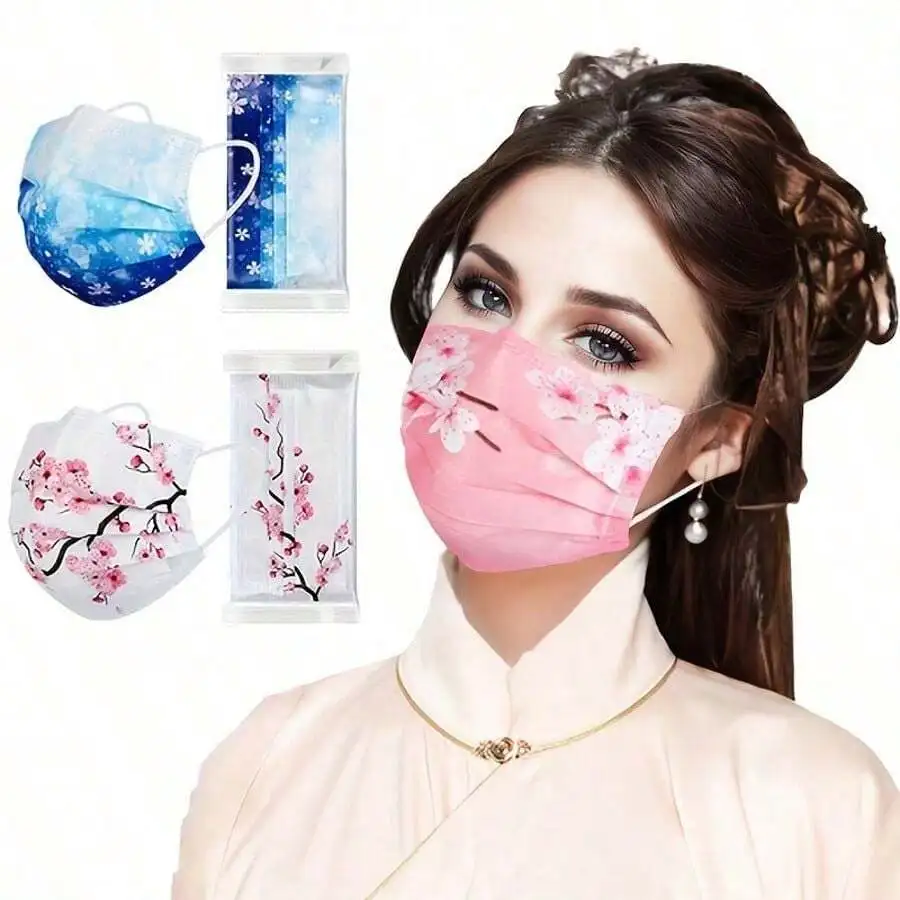 10pcs Floral Sakura Print 3-Pl - Disposable Mask Blue บทวิจารณ์และราคา